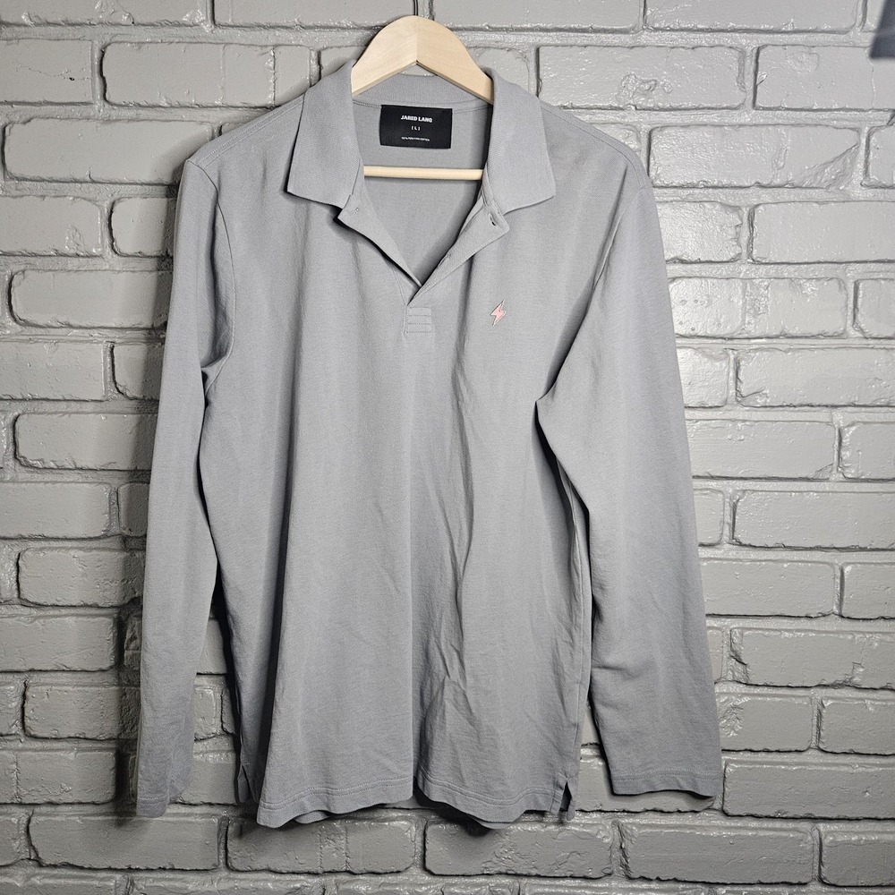 Jared Lang Men's Grey Long Sleeved Polo Shirt Size Large Lightning Bolt‎